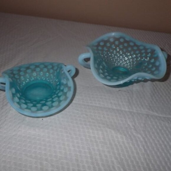 Other - Vintage Blue Opalescent Hobnail Two Handle dish - set of 2